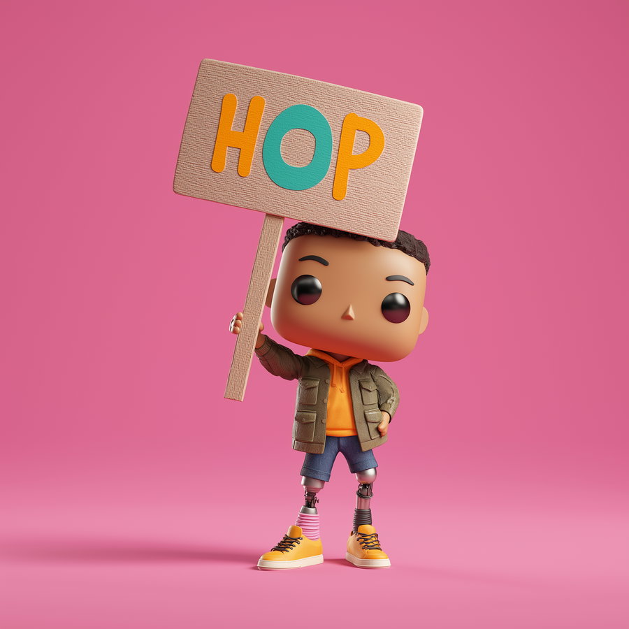 Confident Funko Pop character with prosthetic leg holding sign