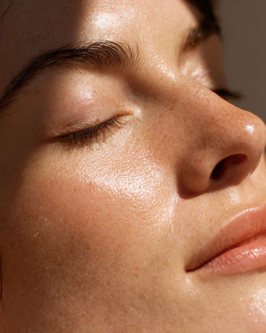 Close-up of woman's hydrated skin with healthy glow