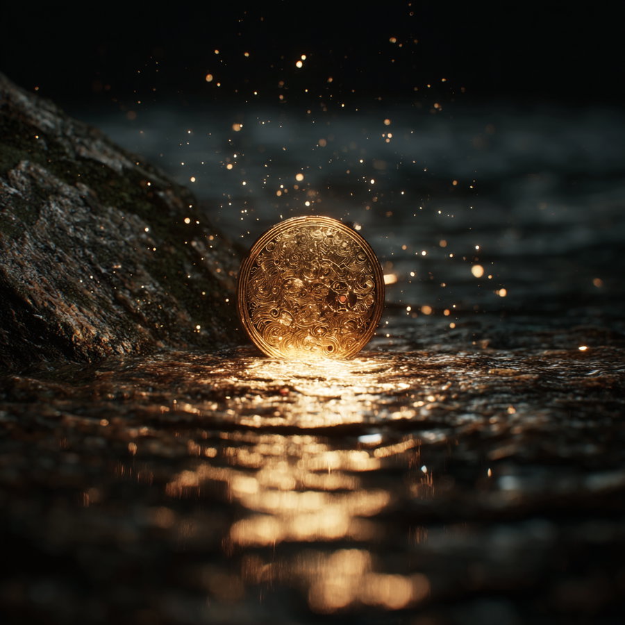 Shining golden coin reflecting light on a smooth surface