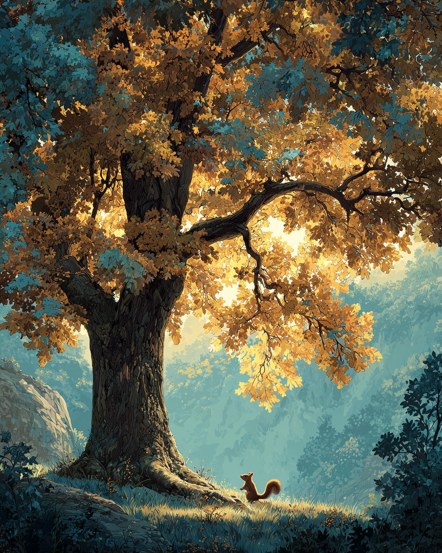 Golden oak tree with squirrel in sunlit forest clearing