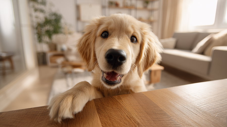 Happy Golden Retriever puppy jumping in bright Nordic living room