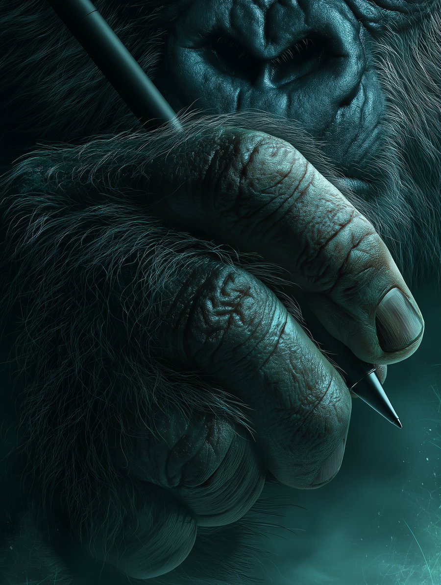 Gorilla hand gripping digital stylus on textured surface
