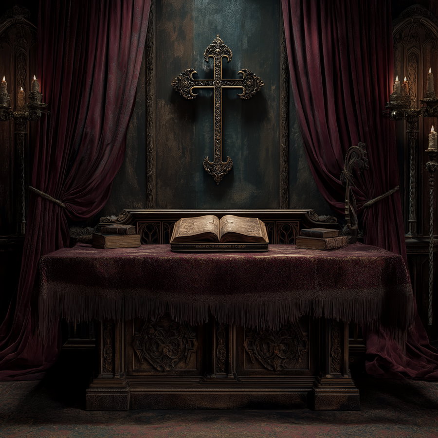 Ancient altar with gothic cross and open book