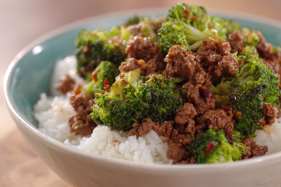 Homemade ground beef and broccoli in vintage photo
