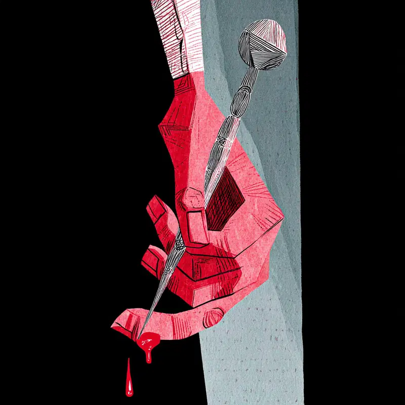 Minimalist Aesthetic Wall Art with Gold Brooch and Red Drip