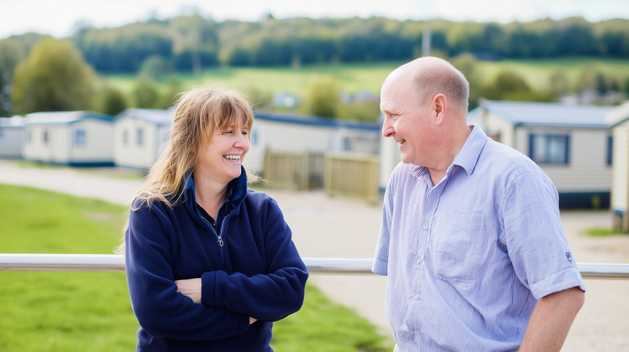 Happy couple discussing in holiday park with caravans