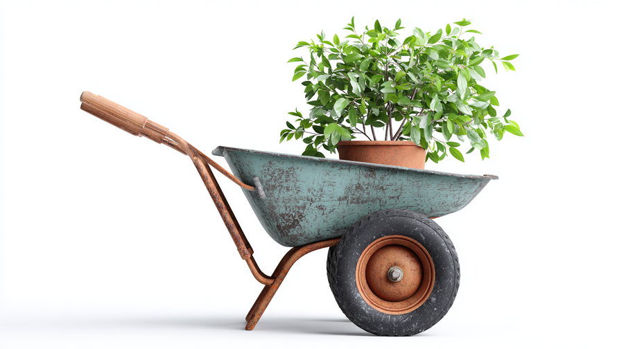 Wheelbarrow with potted herb and green leaves on white background