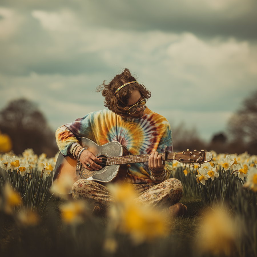 1960s hippie in tie dye playing guitar in daffodil field