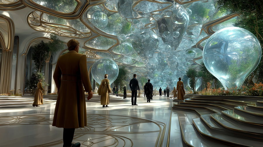 AI system with holographic interface in futuristic setting