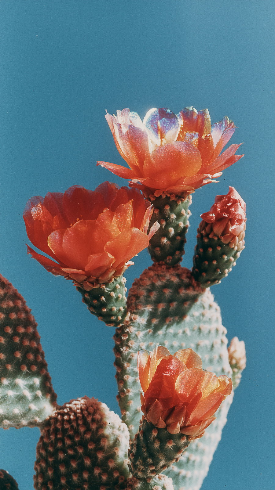 Colorful iridescent flowers blooming on Opuntia microdasys cactus