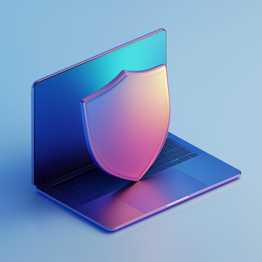 Isometric laptop with shield on screen in purple design