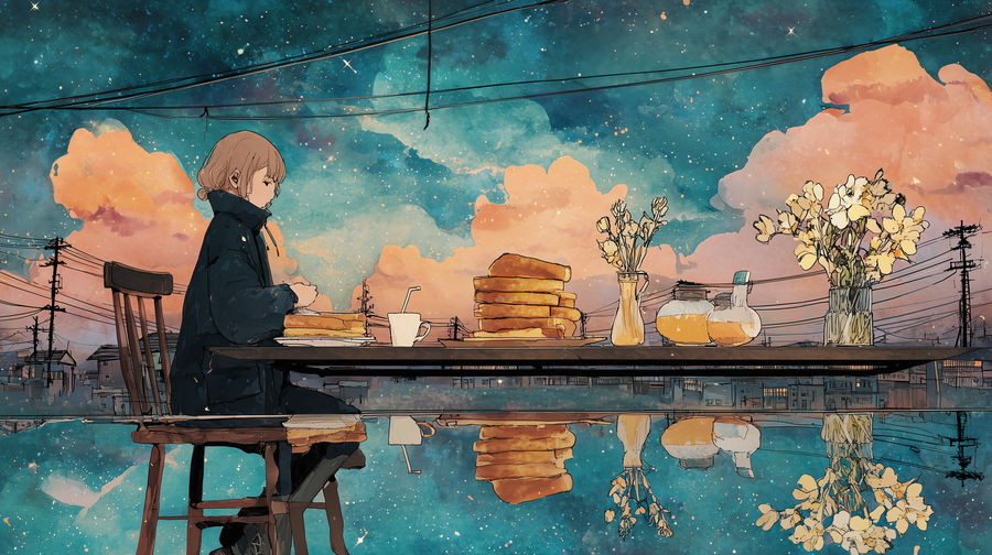 Japanese girl in dark coat enjoying French toast at rustic table