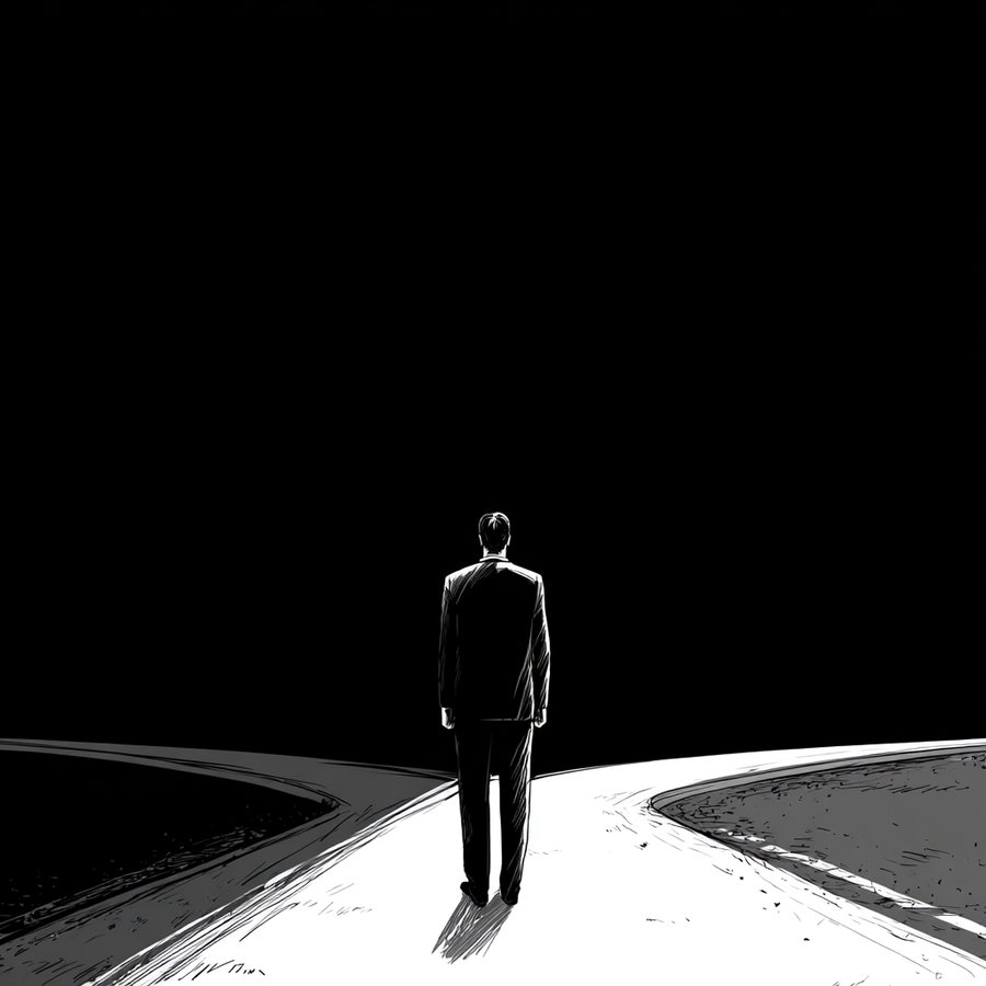 Japanese man in suit stands at road split