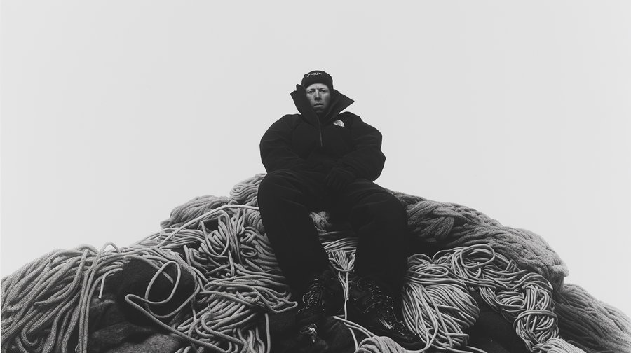 Jim Morrison sitting on climbing ropes in white studio