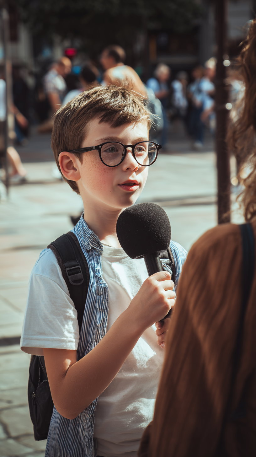 9-year-old kid with glasses interviewing people on street