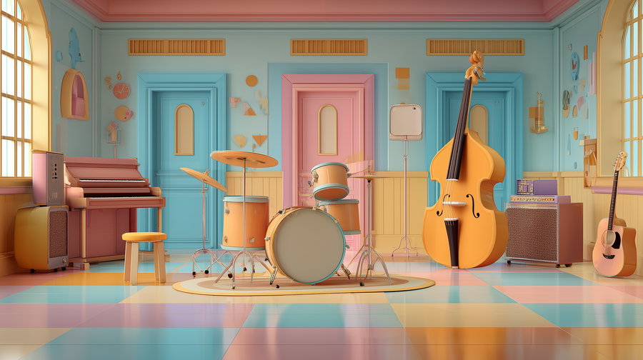 Colorful music school room with instruments for kids