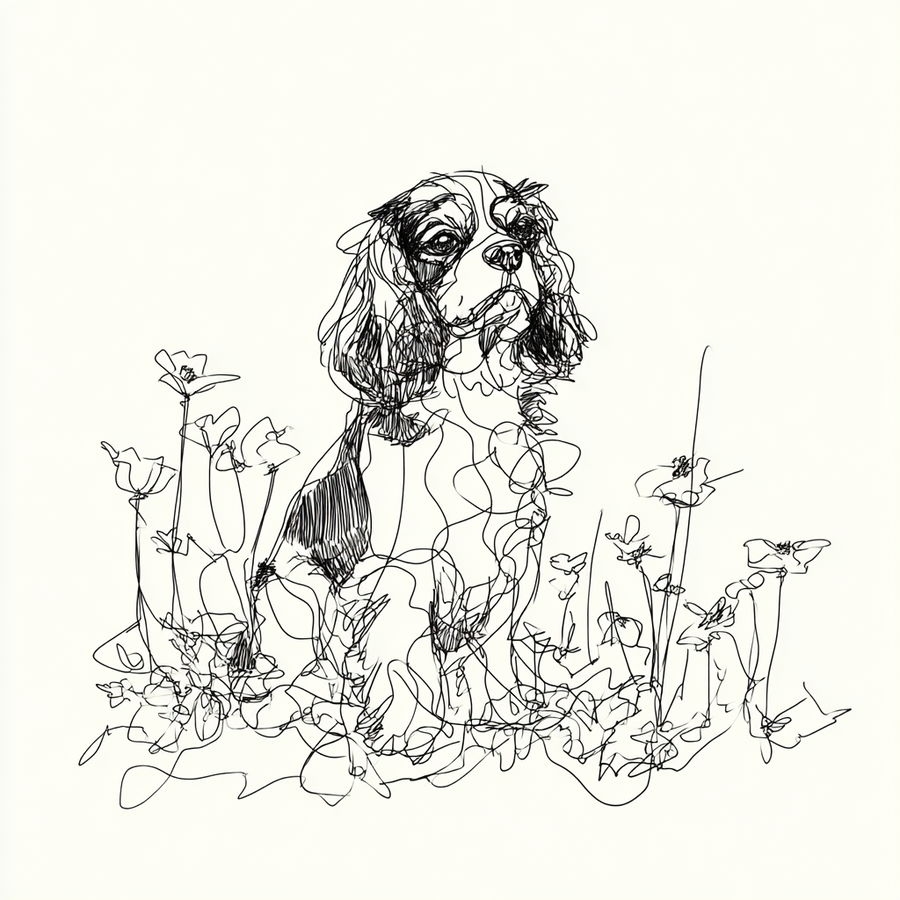 Goofy King Charles Cavalier sketch in flower-filled field