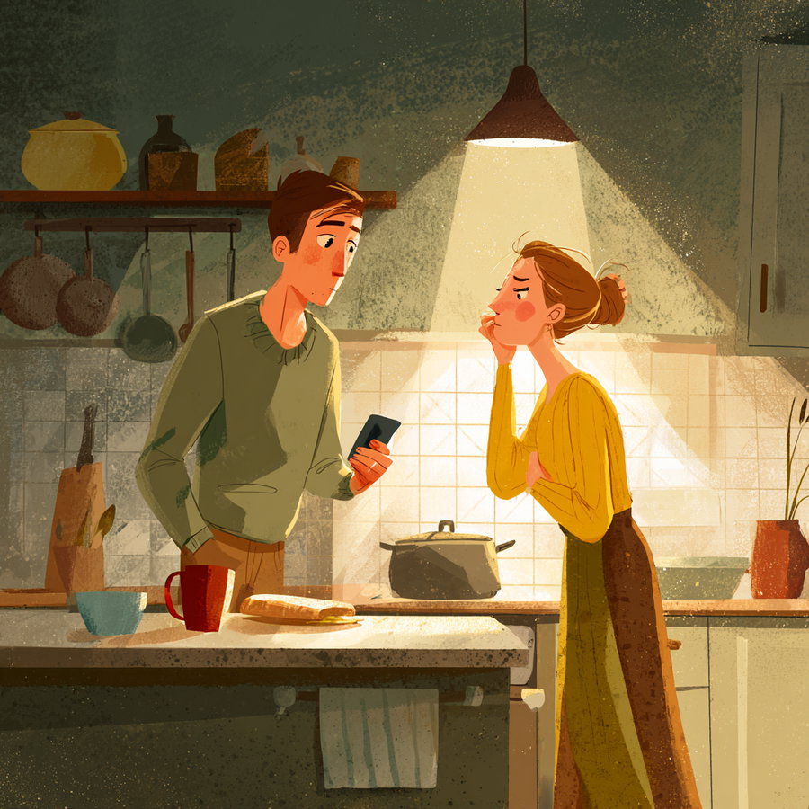 Couple in kitchen evening light, delivery notification tension