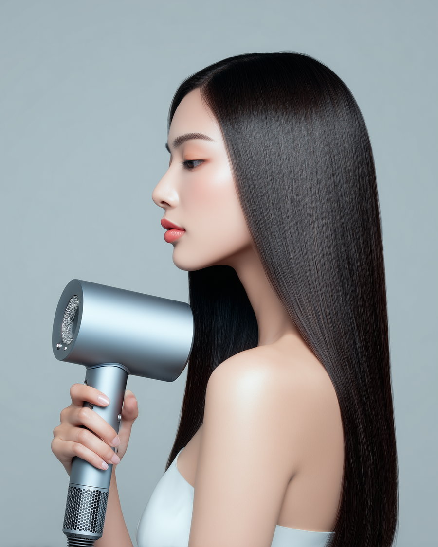 Korean beauty model drying hair with Dyson hair dryer