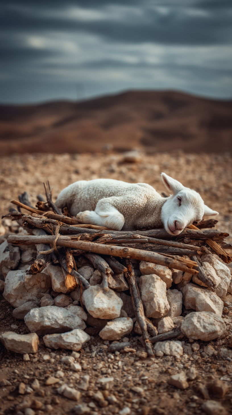White lamb on stone altar tied up on hilltop
