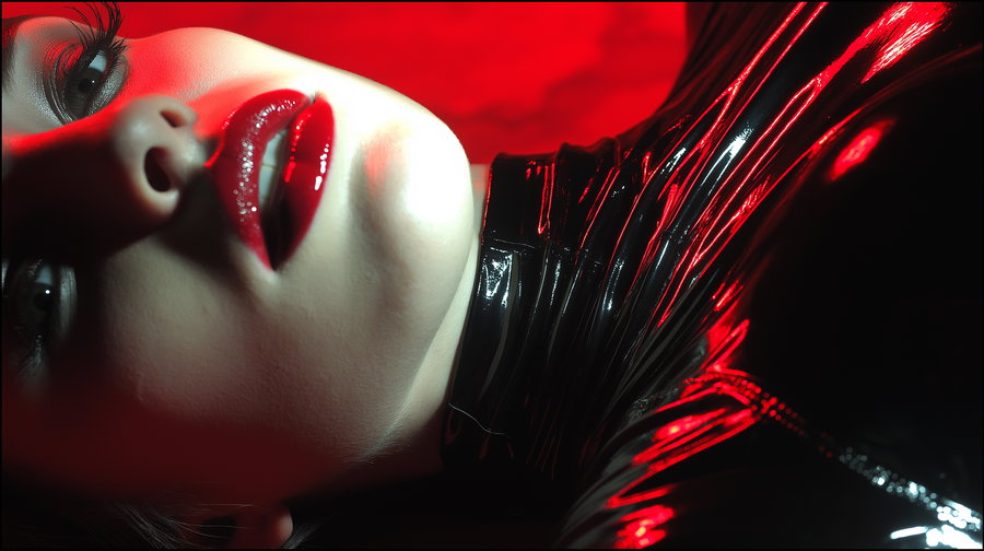 High-gloss black latex bodysuit on solid red background