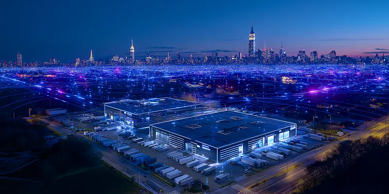 Modern Minimalist Warehouse Wall Art with Neon City Connections