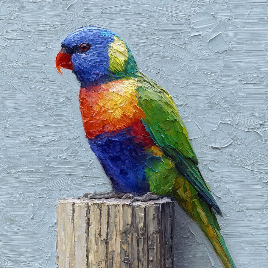 Vibrant rainbow lorikeet perched on rustic wooden fence post