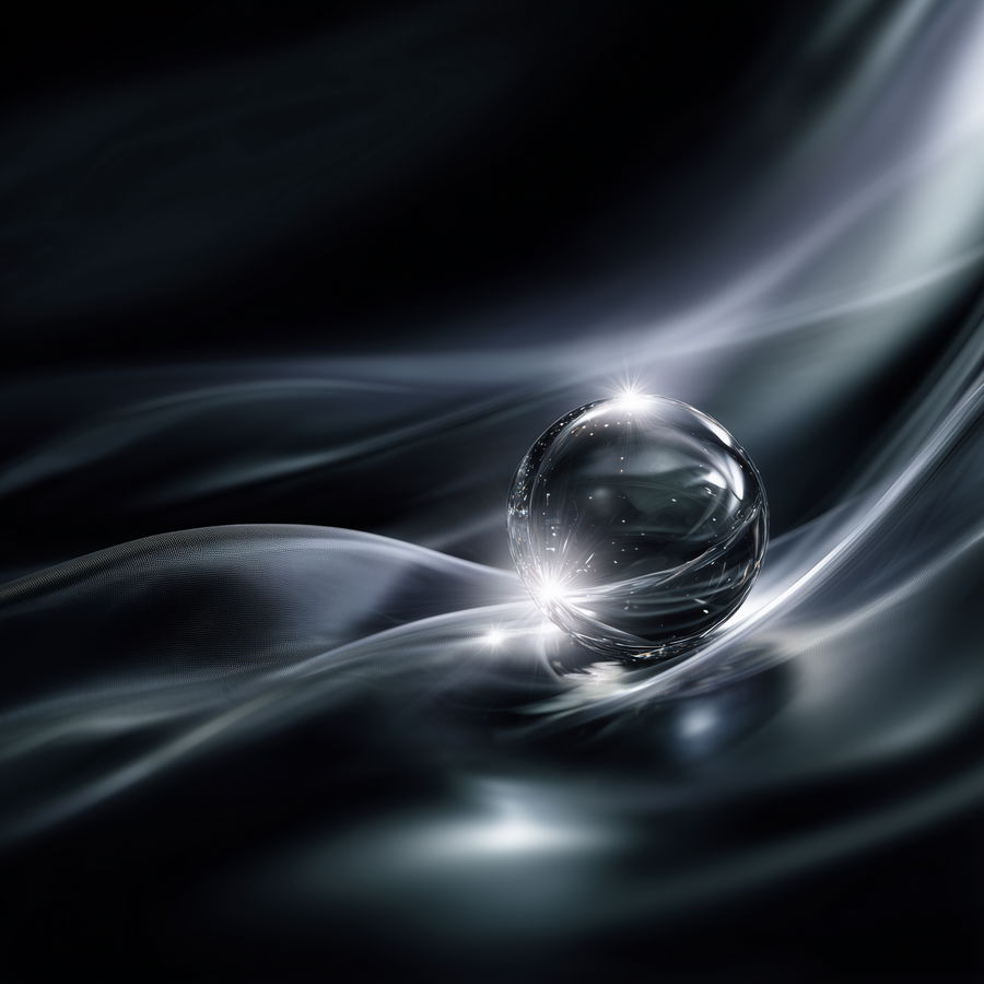 Glowing transparent sphere amid swirling waves and soft lighting