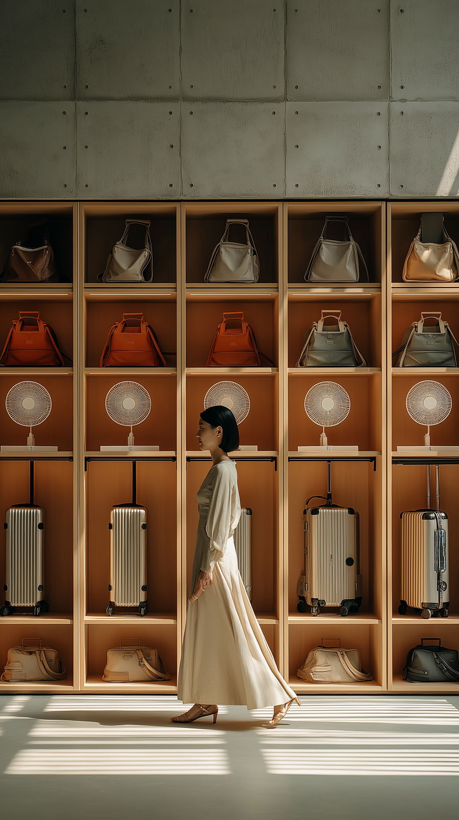 Luxury storage space with wooden shelves and elegant fashion model