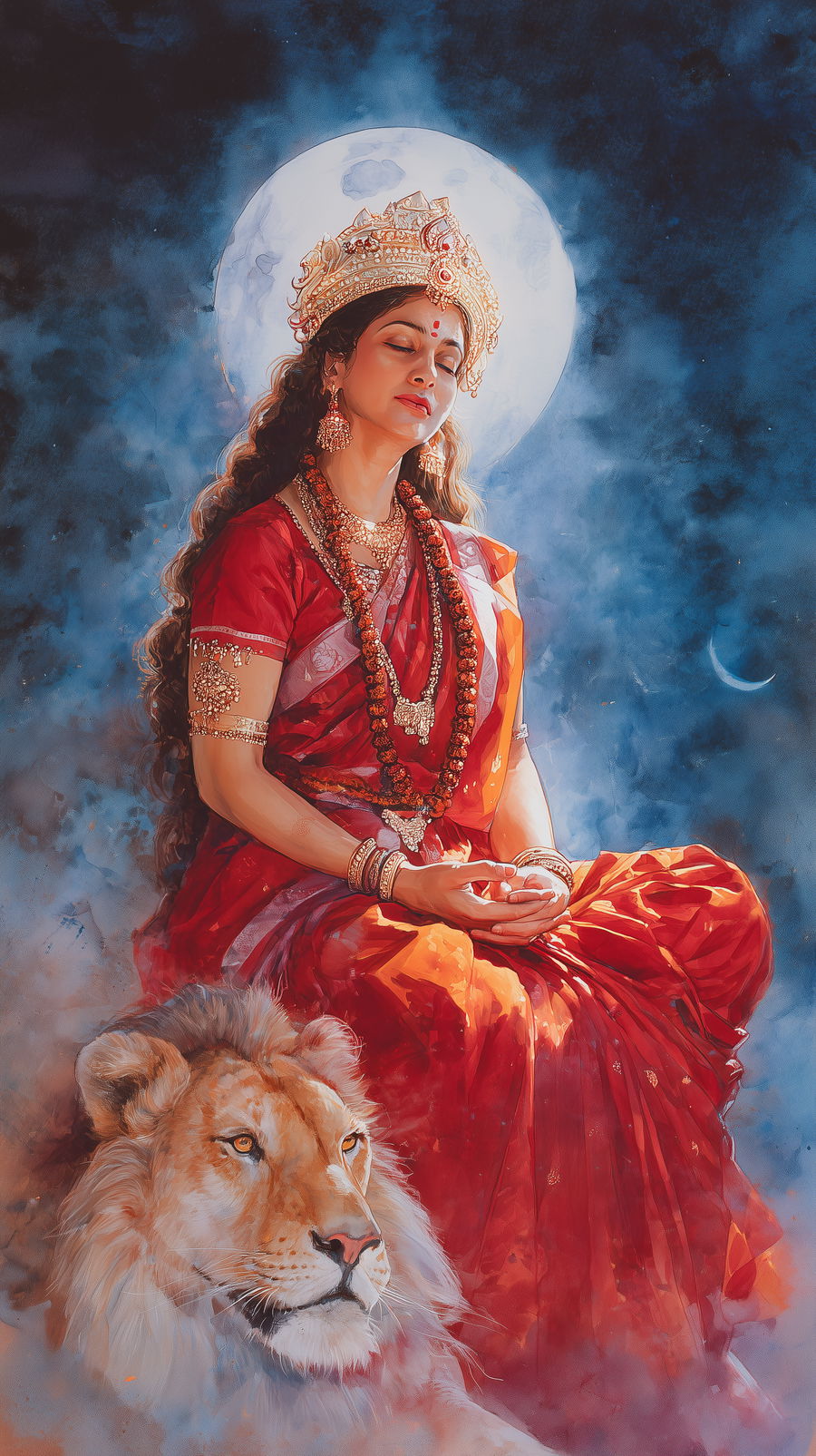 Hindu Goddess Maa Chandraghanta meditating with lion in red saree