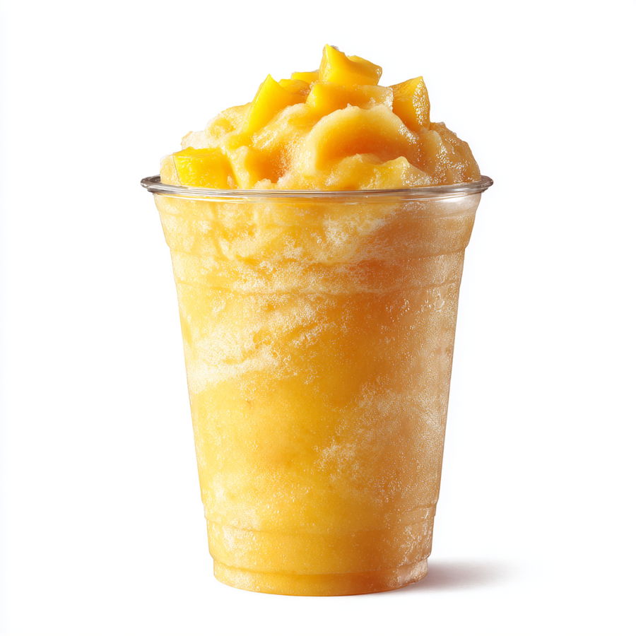 Universal drink cup with mango slush on white background