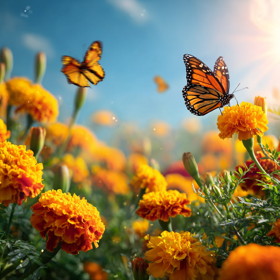 Vibrant marigold garden with butterflies in sunlight