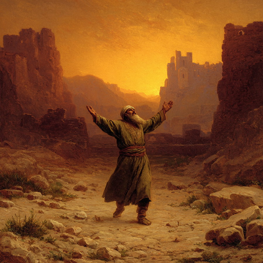 Medieval Middle Eastern man walking desert road praising God