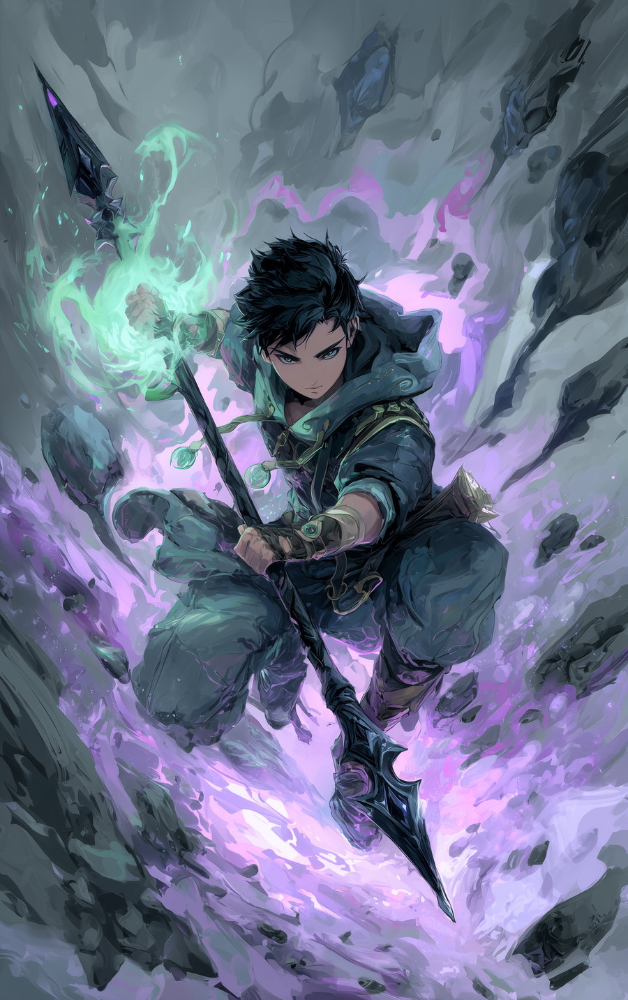 Teenage male military mage wielding glowing obsidian spear and healing spell