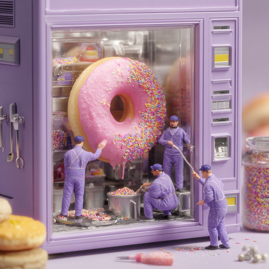 Miniature workers decorate a giant donut in a vending machine
