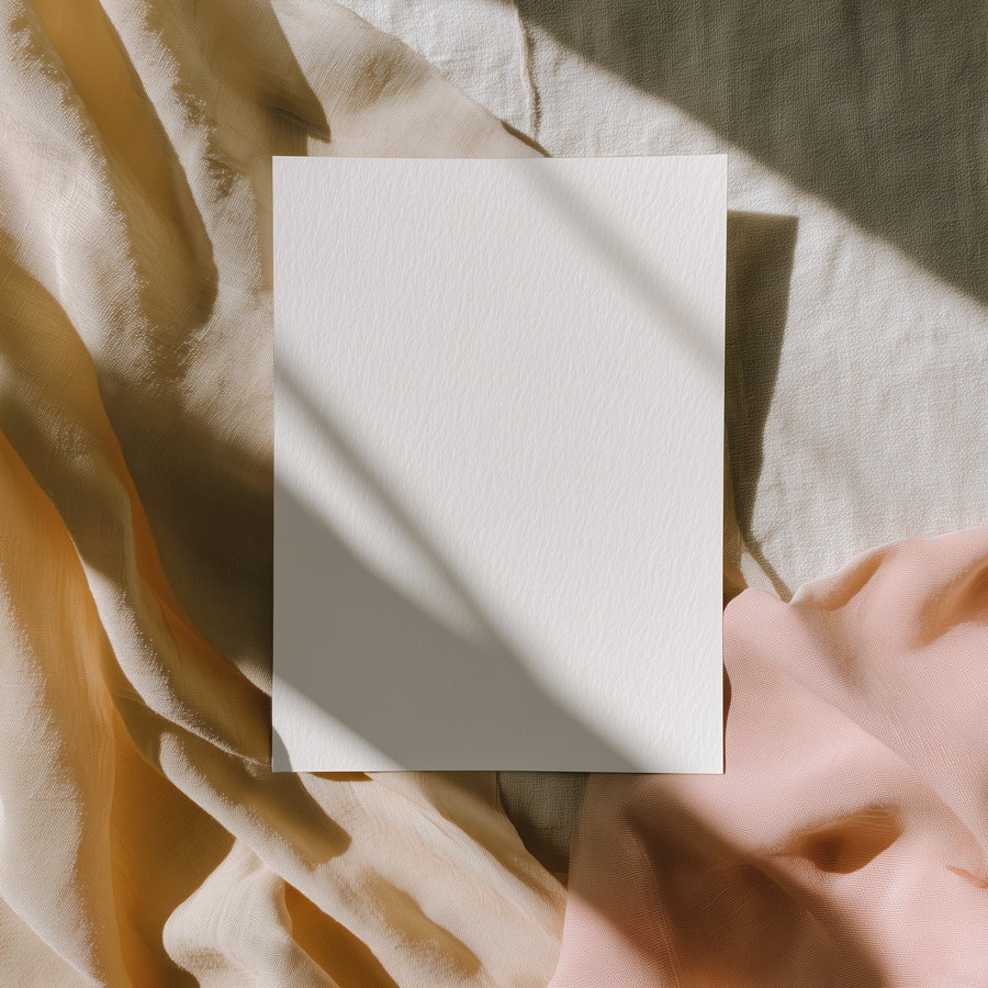 Blank white card in soft sunlight on textured background
