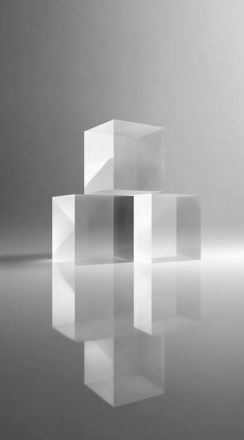 Three transparent glass cubes on a white background