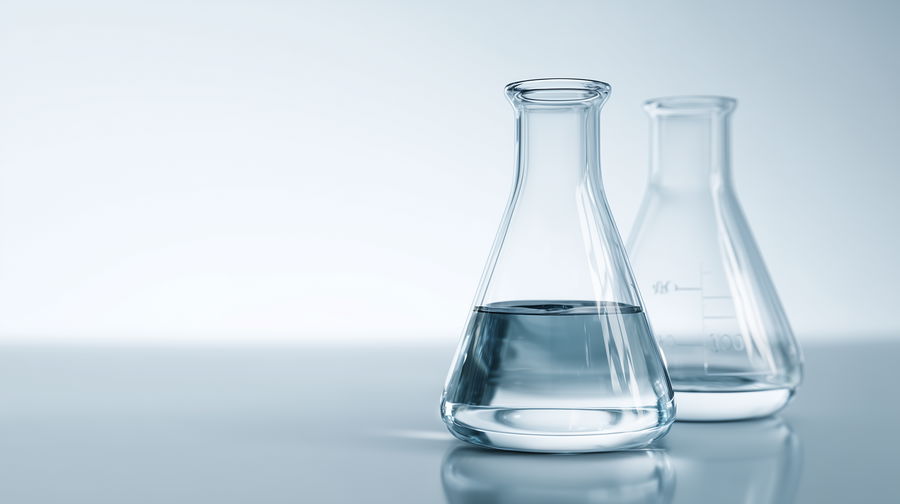 Minimalist beaker and Erlenmeyer flask on white background