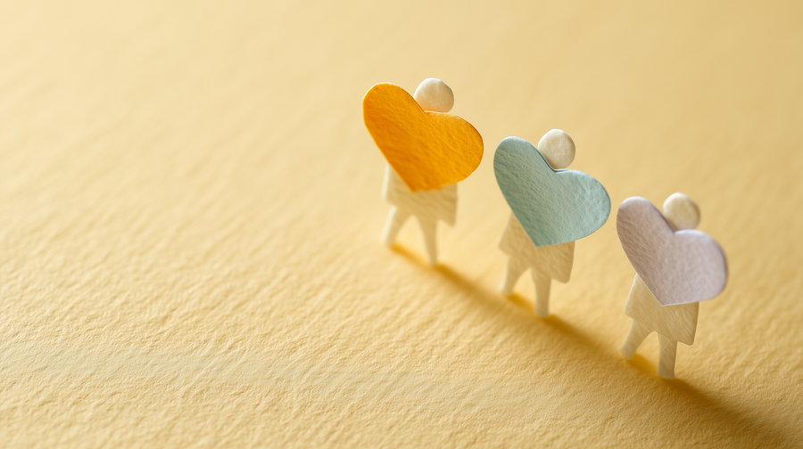 Minimalist paper art with silhouettes and glowing heart shapes