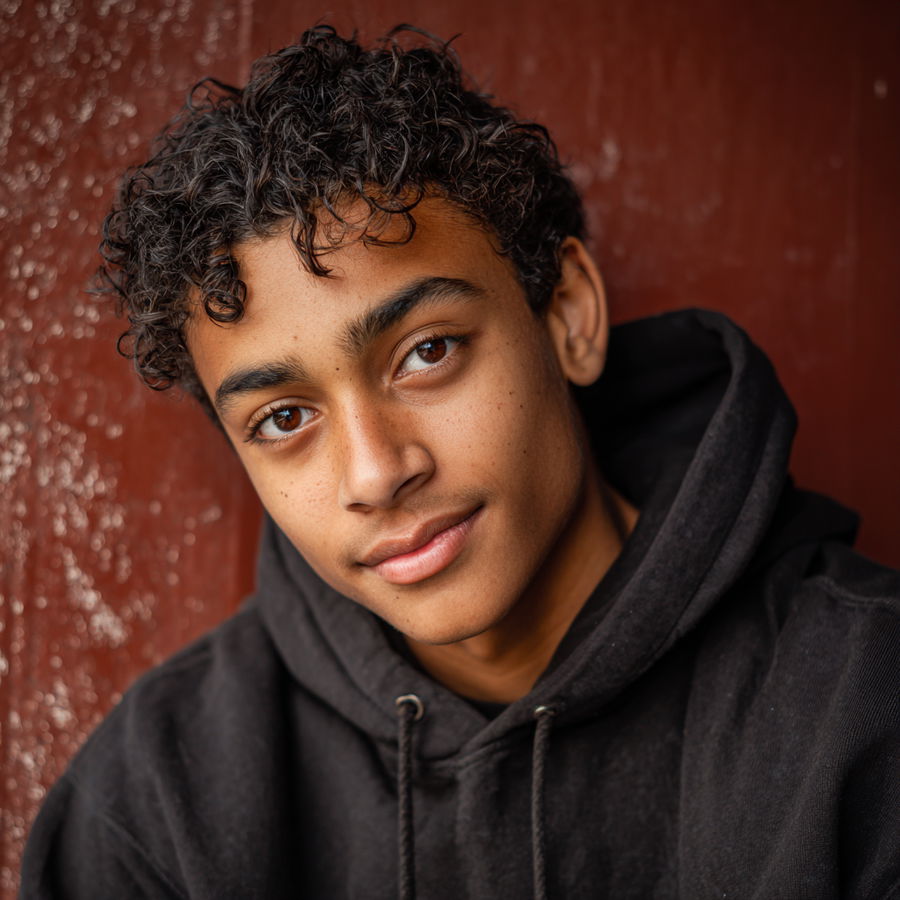 Mixed race teenage boy headshot with dimples and hoodie