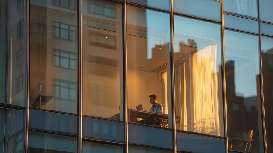 Modern office interior with male professional working at desk