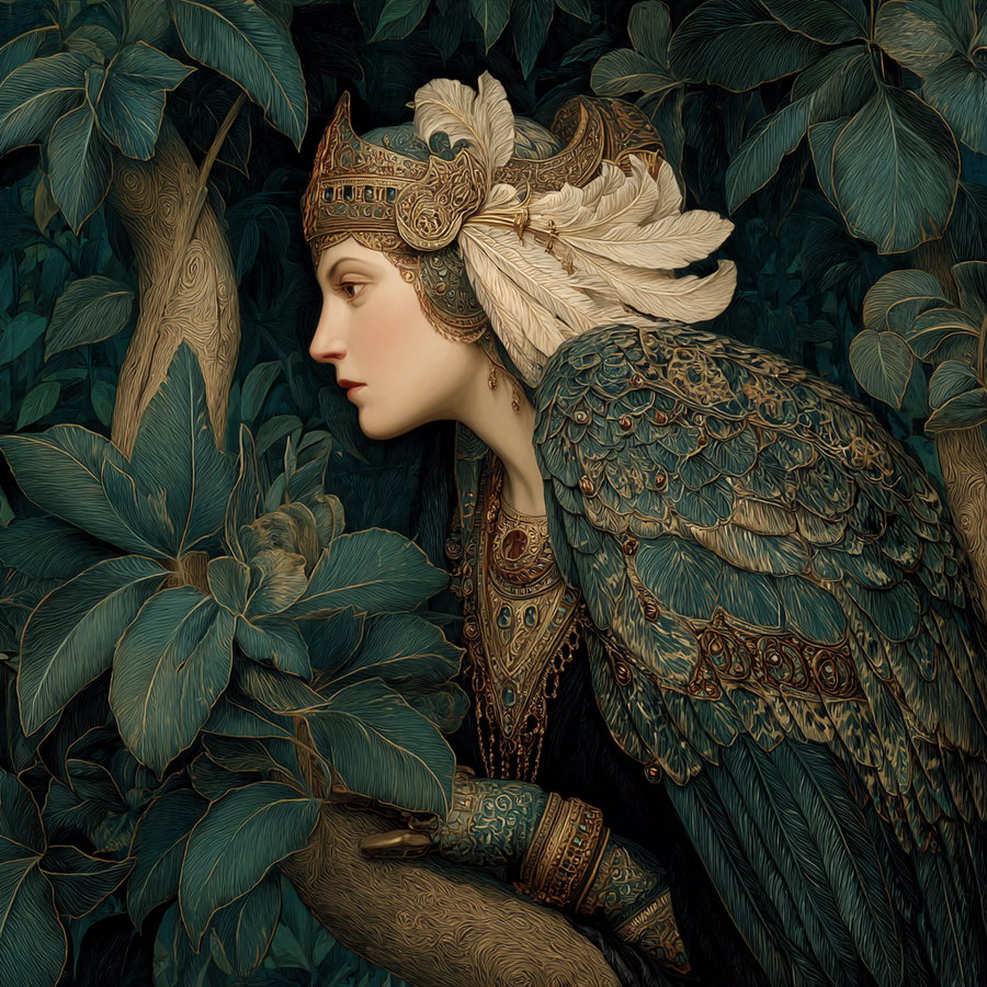Mythical bird-woman perched in tree, ornate jewelry, lush foliage