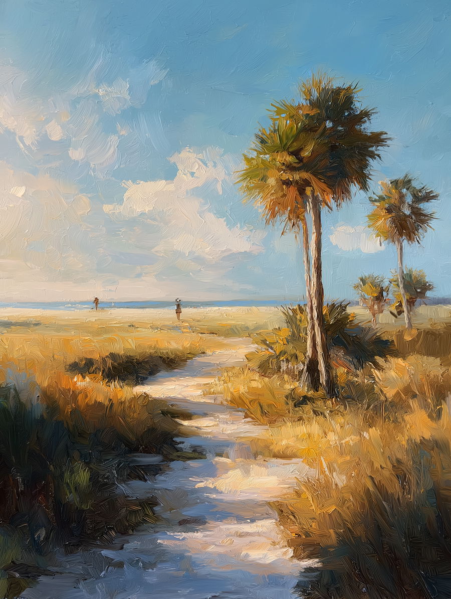 Florida runner on beach trail with palm trees at sunset