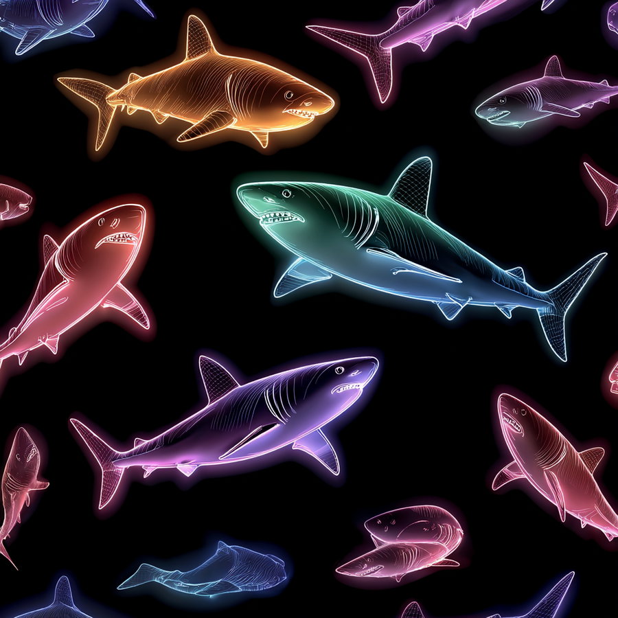 Seamless neon line art of a white shark