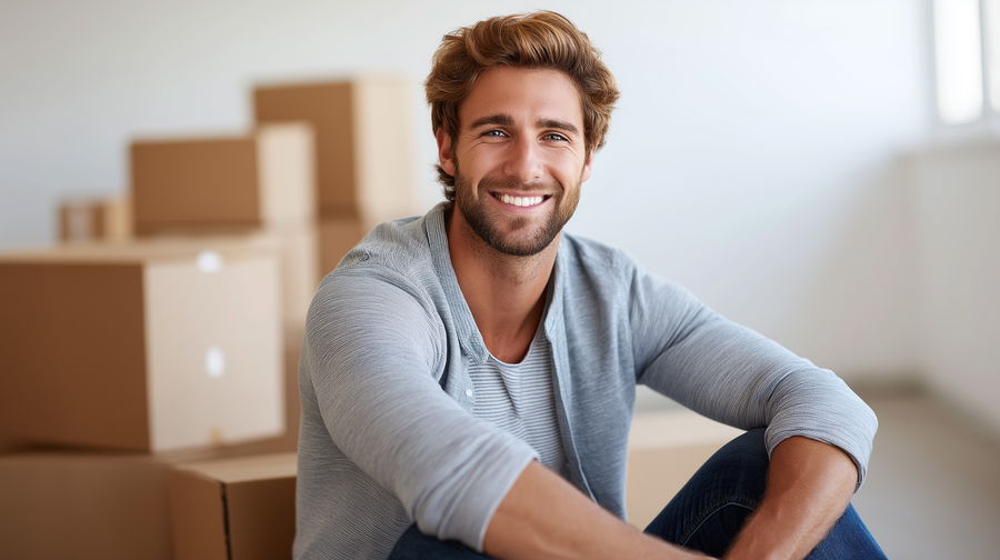 Happy man with new home sign among cardboard boxes