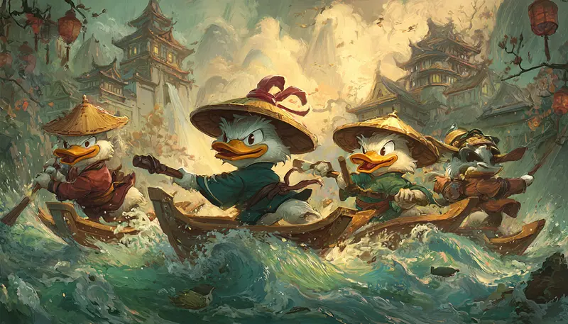 Ninja Ducks Racing in Boats Printable Wall Art Decor