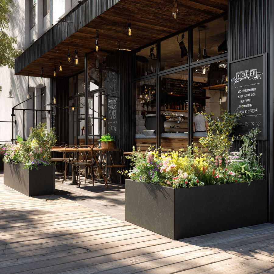 Outdoor cafe with modern seating and vibrant flower boxes