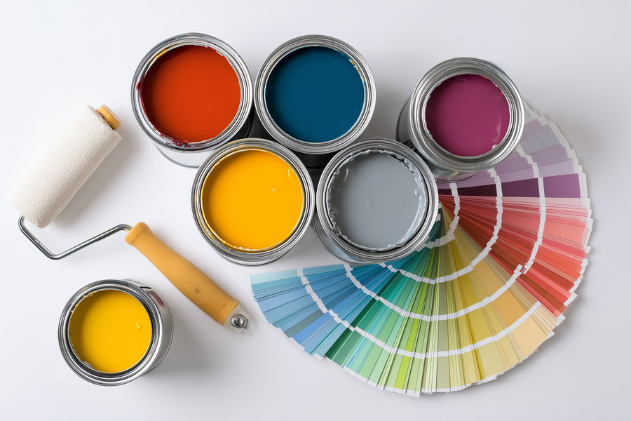 Paint cans and swatches with a roller on white background