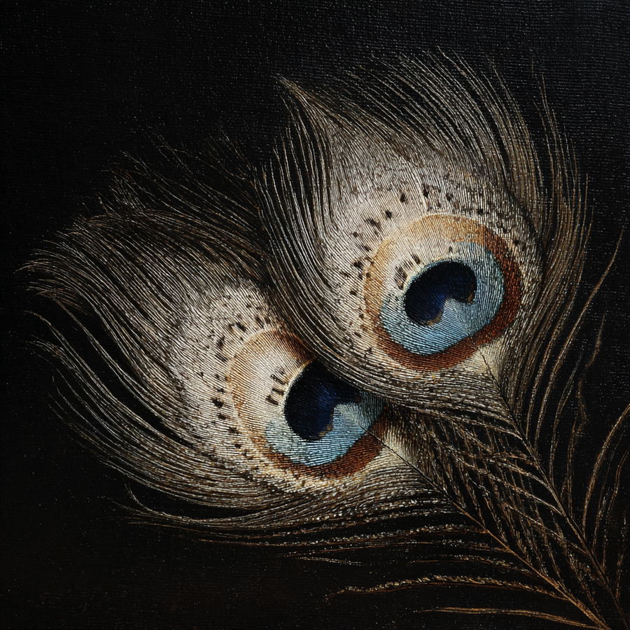 Realistic peacock feathers illuminated against a black background