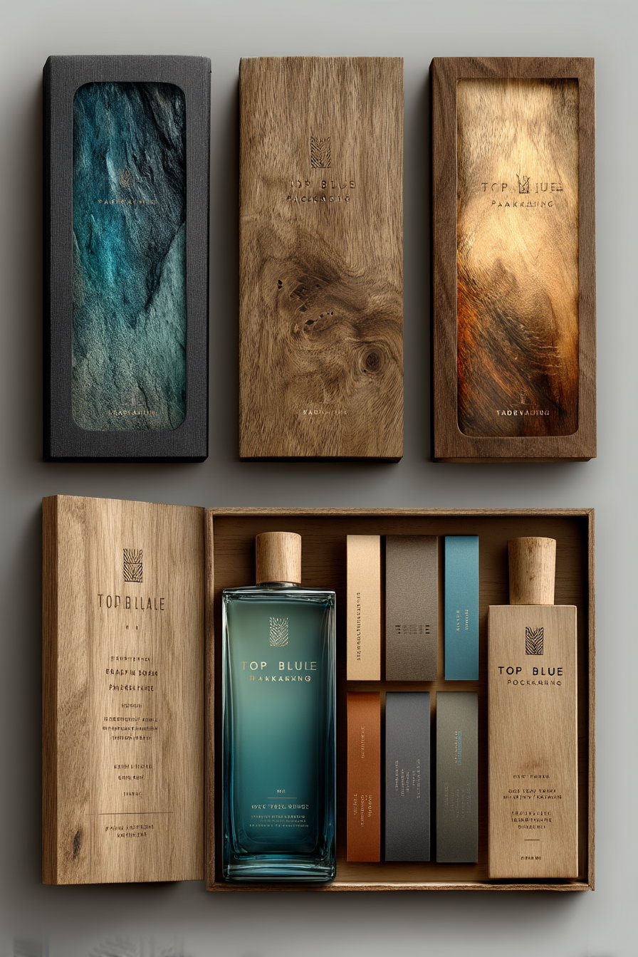 Wooden perfume box showcasing "TOP BLUE PACKAGING" logo design